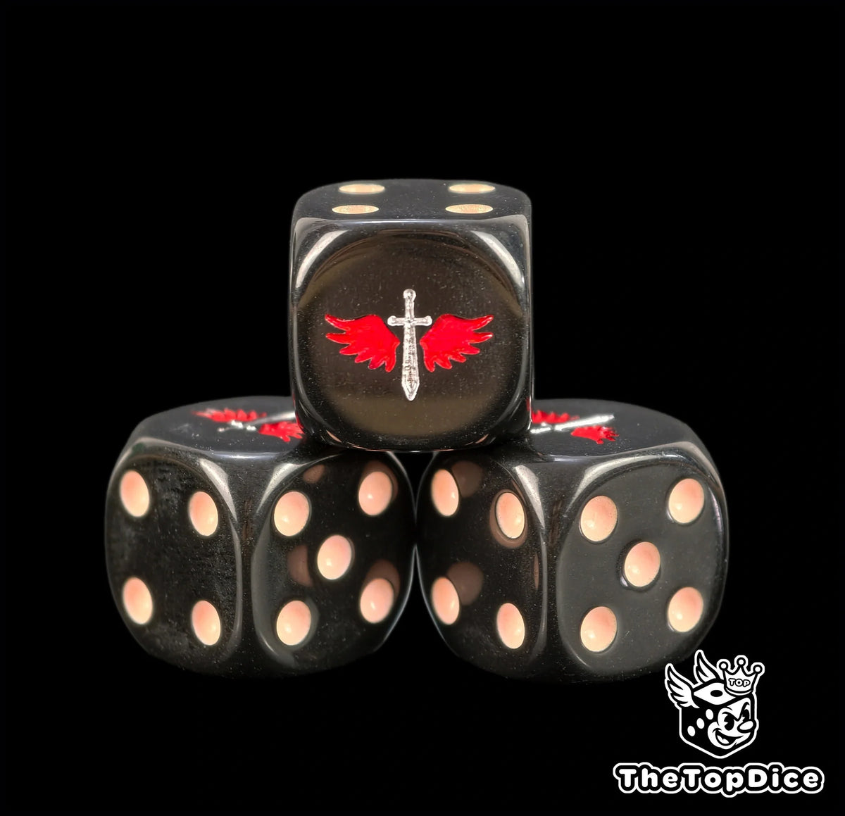 Three black 16mm Dark Angels D6, the red winged sword facing front beside bone pips