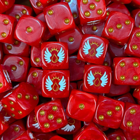 Pile of blood red winged drop 16mm D6 dice for a sci-fi marine army