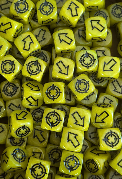 Bright yellow deviation dice for blast templates