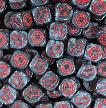 Custom engraved directional dice in black and red