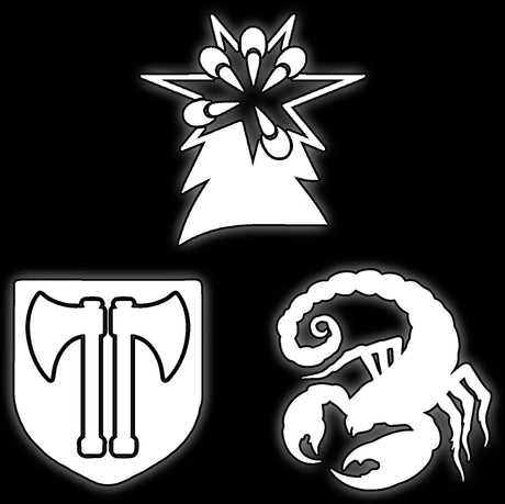 Flaming tower, twin axe shield and scorpion in white on black, rogue chapter war 16mm dice tile