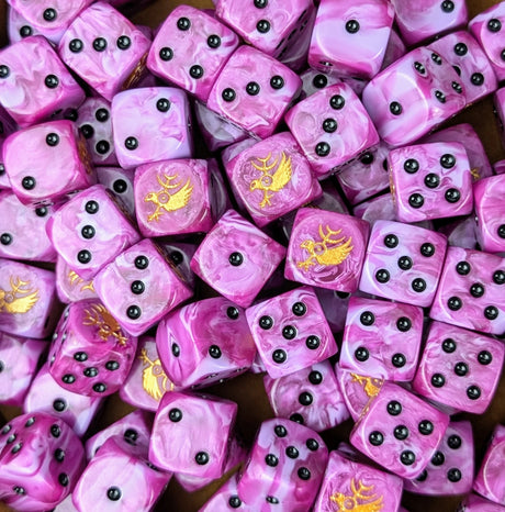 Pile of pink sonic legion 16mm D6 dice for a sci-fi chaos army