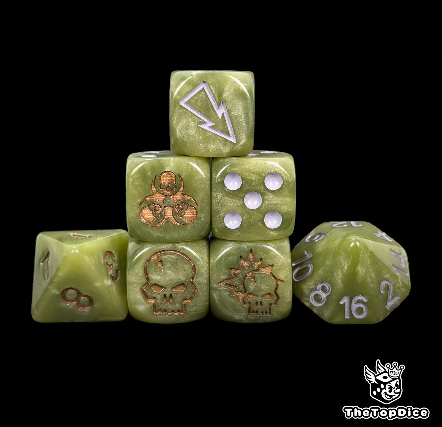 Green rot plague fantasy football dice set of seven 16mm resin dice compatible with Blood Bowl