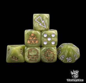 Green rot plague fantasy football dice set of seven 16mm resin dice compatible with Blood Bowl