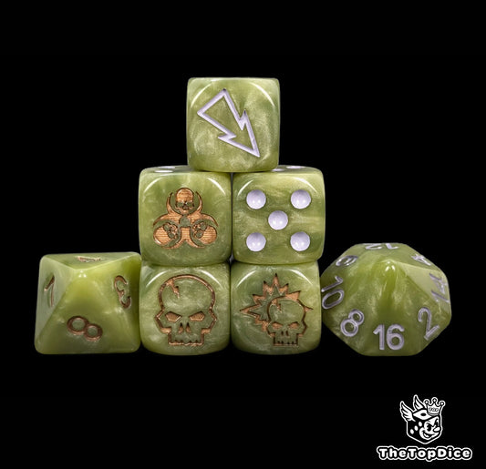 Green rot plague fantasy football dice set of seven 16mm resin dice compatible with Blood Bowl