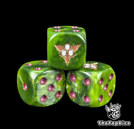 Close-up of a green D6 die with a gold three skull emblem
