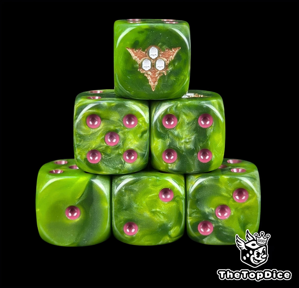 Green resin D6 dice with a gold three skull emblem and purple plague pips