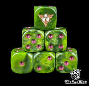 Green resin D6 dice with a gold three skull emblem and purple plague pips