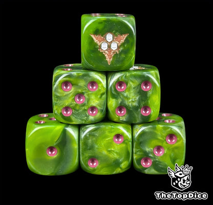 Green resin D6 dice with a gold three skull emblem and purple plague pips