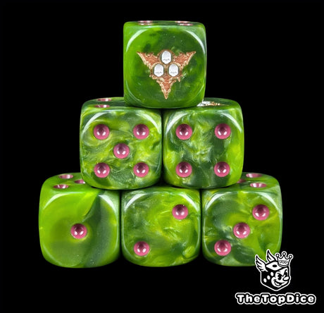 Green resin D6 dice with a gold three skull emblem and purple plague pips