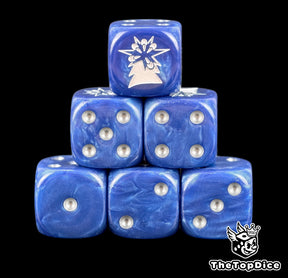 Six royal blue Astral Claws dice stacked, white claw and star above silver pips