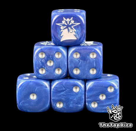 Six royal blue Astral Claws dice stacked, white claw and star above silver pips