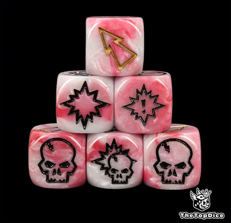 Close up of three pink and white 16mm block dice with gold pips for resolving blocks