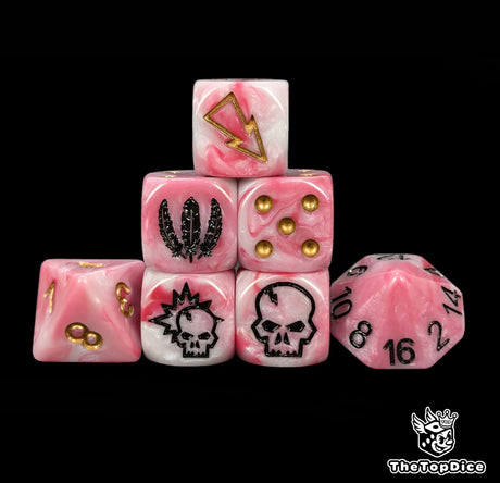 Pink and white royal noble fantasy football dice set of seven 16mm resin dice compatible with Blood Bowl