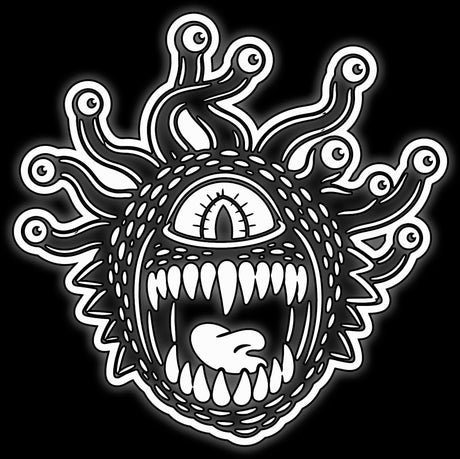 Many eyed floating monster with eyestalks and fanged jaws, icon for 16mm tabletop roleplaying dice