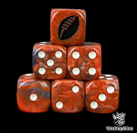 Close up of two red D6 with a black rugby ball logo on the six face for fantasy football