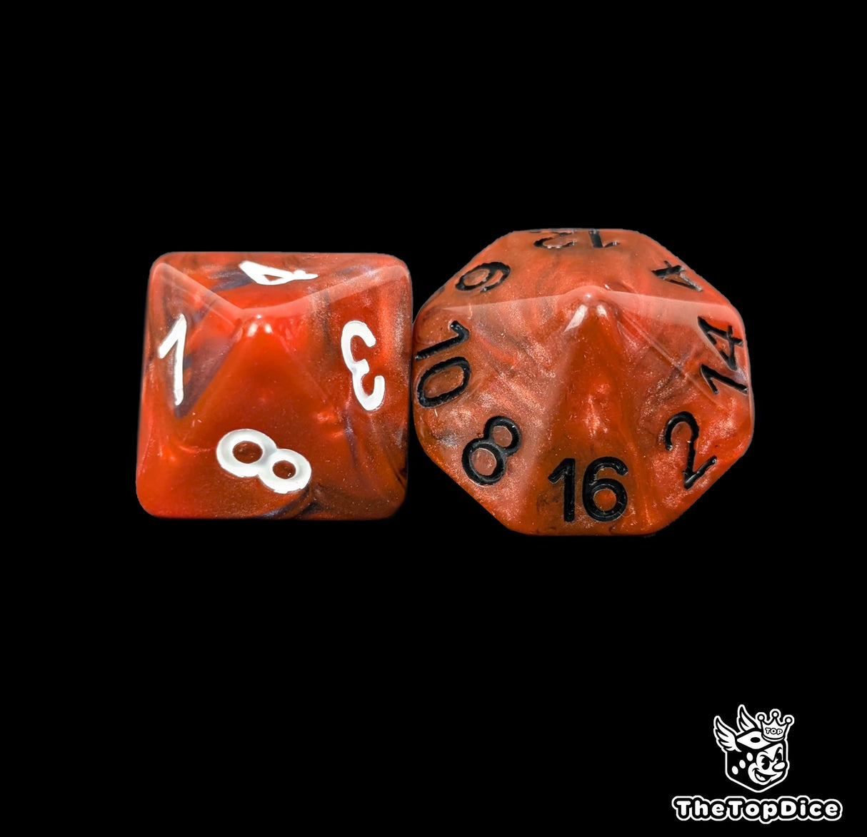Close up of a red and blue D8 and D16 with white numbers for scatter and long range rolls