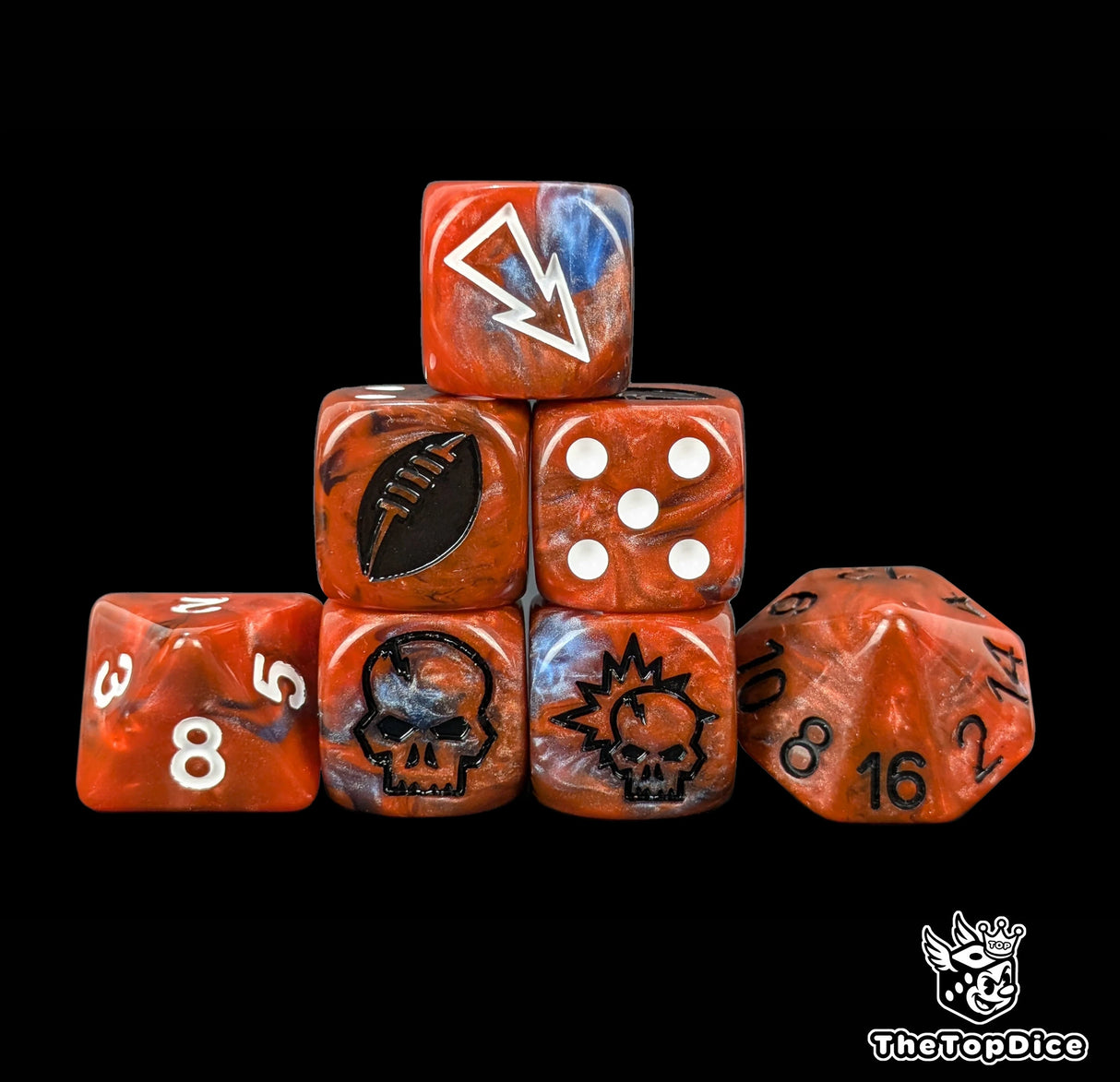 Red and blue rugby ball fantasy football dice set of seven 16mm resin dice compatible with Blood Bowl