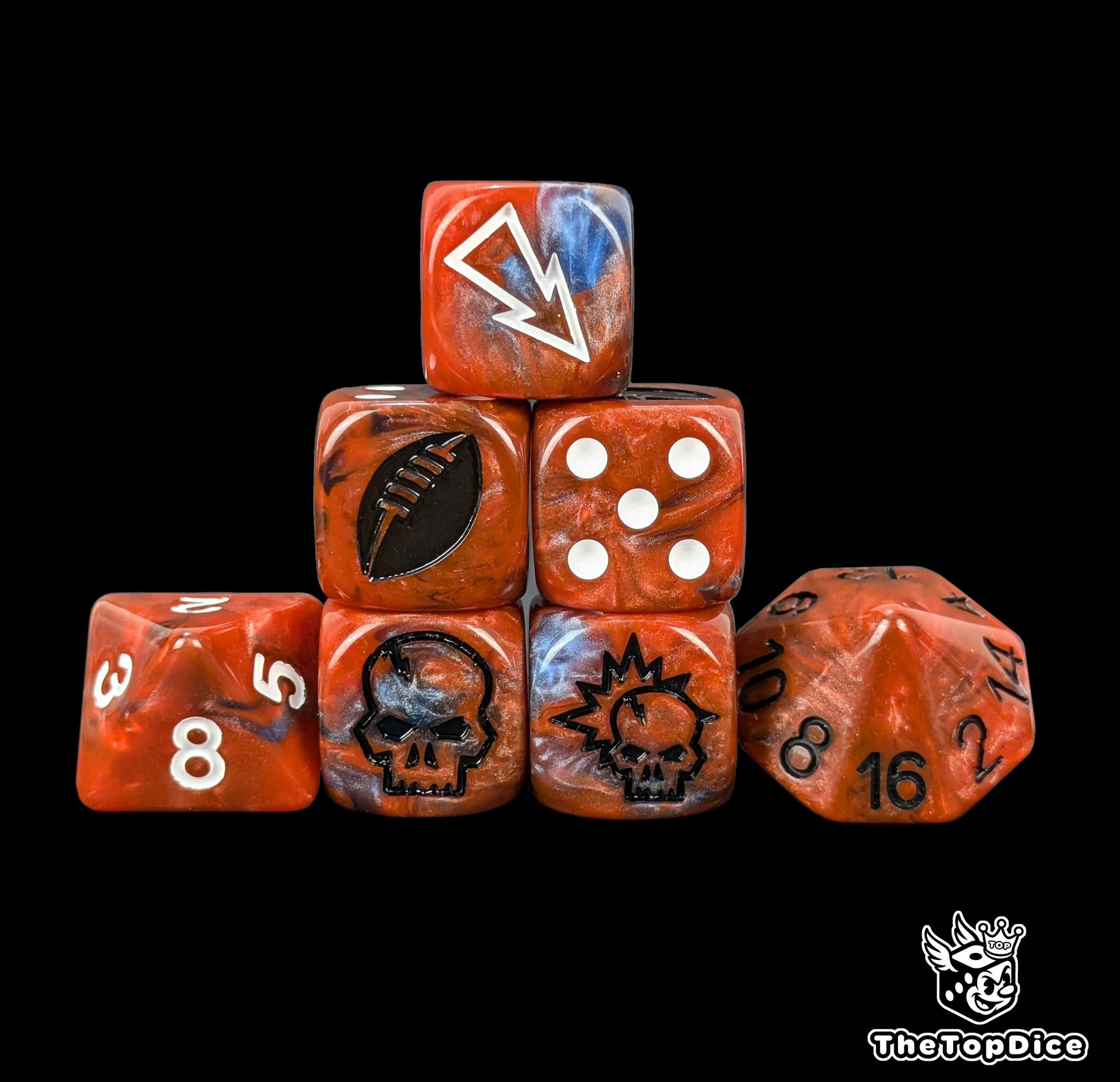 Red and blue rugby ball fantasy football dice set of seven 16mm resin dice compatible with Blood Bowl