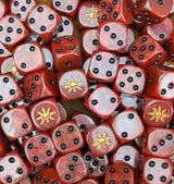 Pile of red chaos star 16mm D6 dice for a fantasy chaos legion