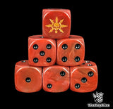 Red 16mm D6 dice with a gold chaos star and skull emblem and black pips for fantasy wargaming