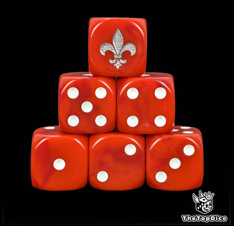 Red 16mm D6 dice with a silver fleur de lis emblem and white pips for sci-fi wargaming