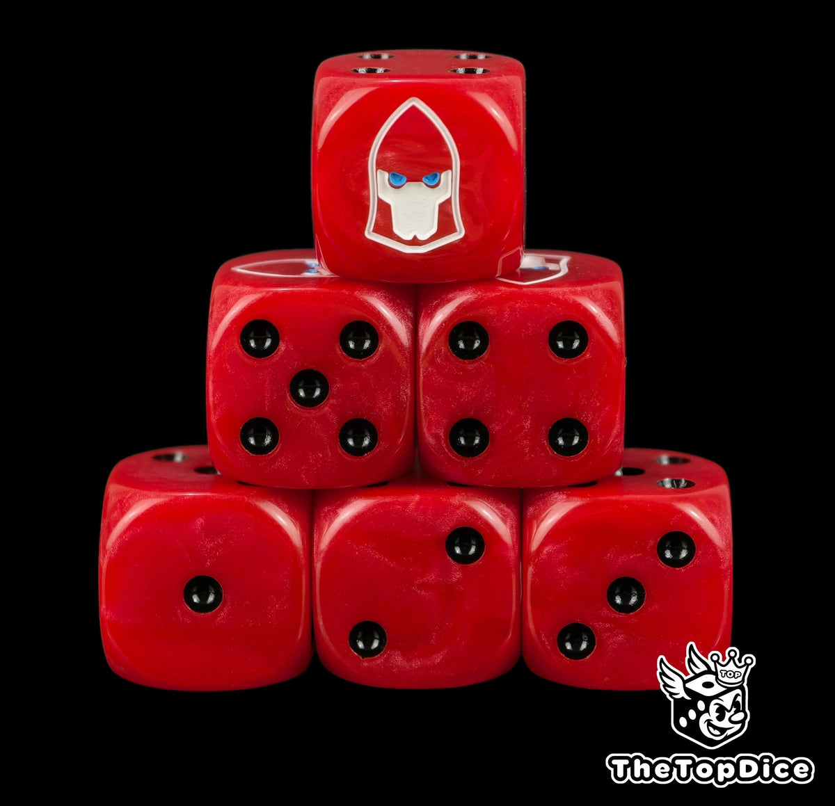 Saim-Hann craftworld eldar dice, red 16mm resin D6 with black pips and a white aeldari guardian helm with blue eyes, stacked in a pyramid