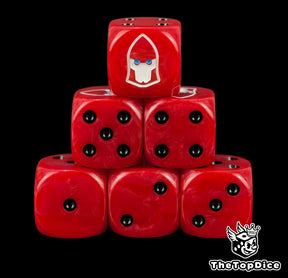Saim-Hann craftworld eldar dice, red 16mm resin D6 with black pips and a white aeldari guardian helm with blue eyes, stacked in a pyramid