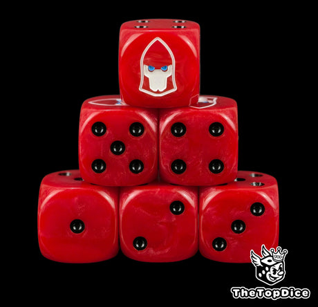 Saim-Hann craftworld eldar dice, red 16mm resin D6 with black pips and a white aeldari guardian helm with blue eyes, stacked in a pyramid