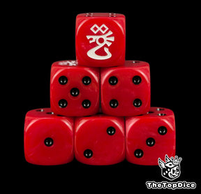 Saim-Hann craftworld eldar dice, red 16mm resin D6 with black pips and a white serpent rune, stacked in a pyramid