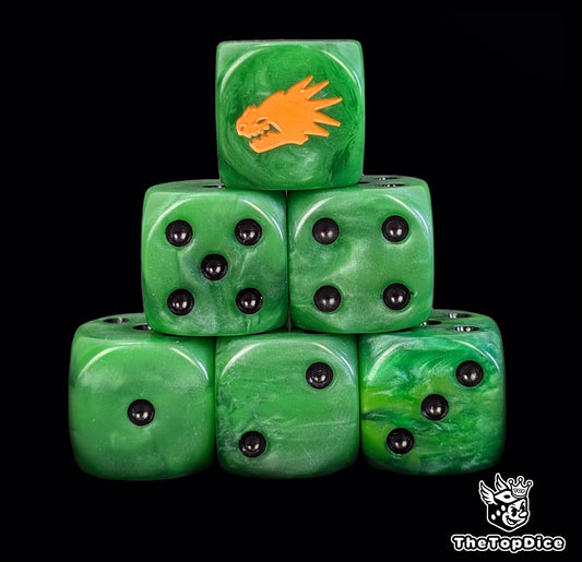 Salamander-inspired dice for flame marine warbands