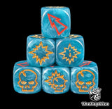 Close up of three blue 16mm block dice with red orange pips for resolving blocks in fantasy football