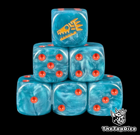 Close up of two blue D6 with a gold saurian face logo on the six face for fantasy football games