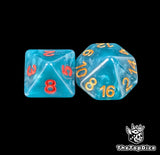 Close up of a blue D8 and D16 with gold numbers for scatter and long range fantasy football rolls