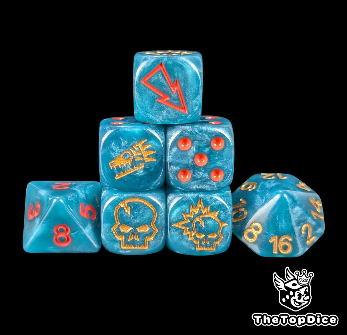 Blue saurian fantasy football dice set of seven 16mm resin dice with gold logos compatible with Blood Bowl