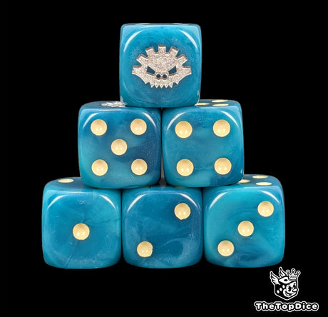 Blue 16mm D6 dice with a silver saurian rune emblem and beige pips for fantasy wargaming