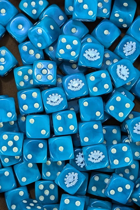 Pile of blue saurian 16mm D6 dice for a fantasy lizard army