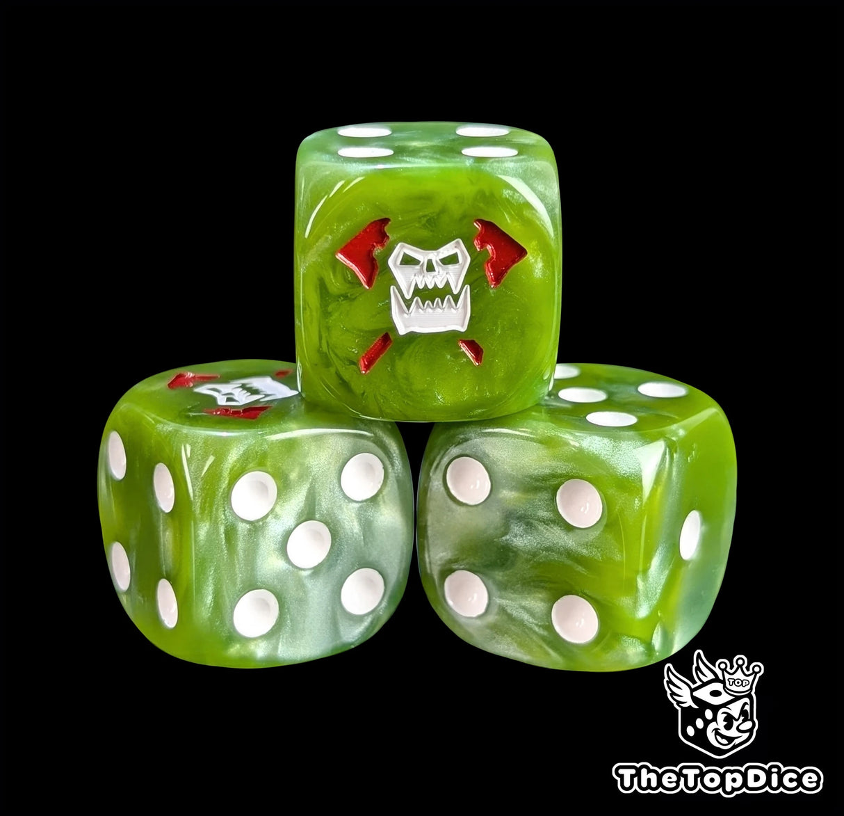 Close-up of a green D6 die with a white orc skull and crossed axes