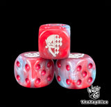 Three red and blue 16mm Aeldari D6, white harlequin mask beside pink pips