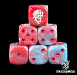 Six red and blue Eldar Harlequin dice stacked, white jester mask above pink pips
