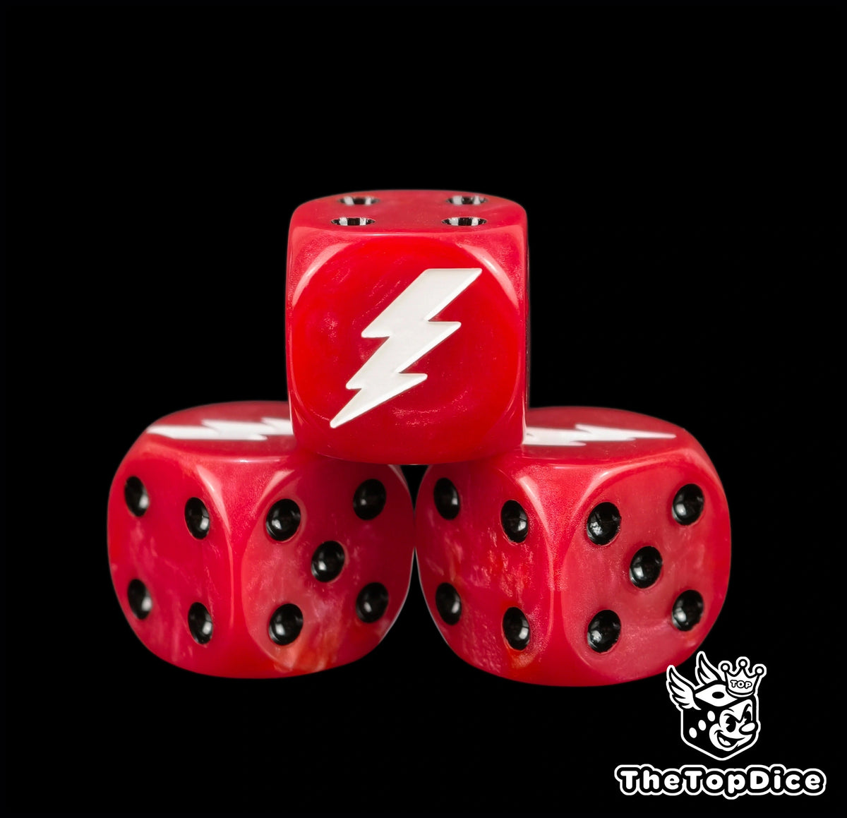 Three red space marine dice with a white lightning bolt on top