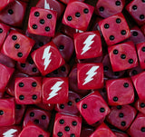 Pile of red White Scars dice with black pips and white lightning bolts