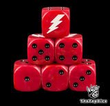 Six red White Scars D6 stacked, black pips and a white lightning bolt