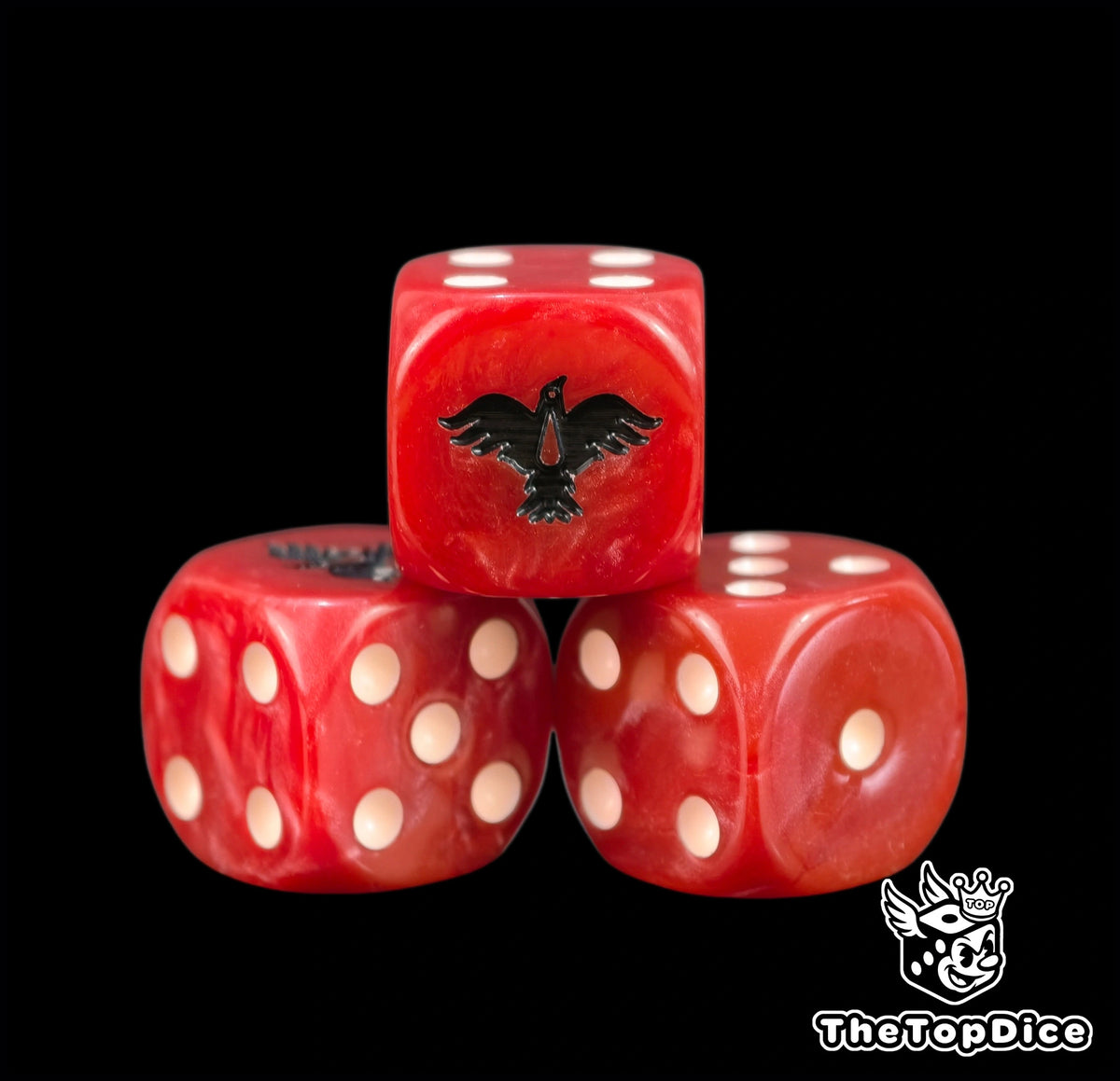 Three red Blood Ravens dice with a black raven and a blood drop