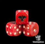 Three red Blood Ravens dice with a black raven and a blood drop