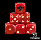 Six red Blood Ravens D6 stacked, cream pips and a black raven
