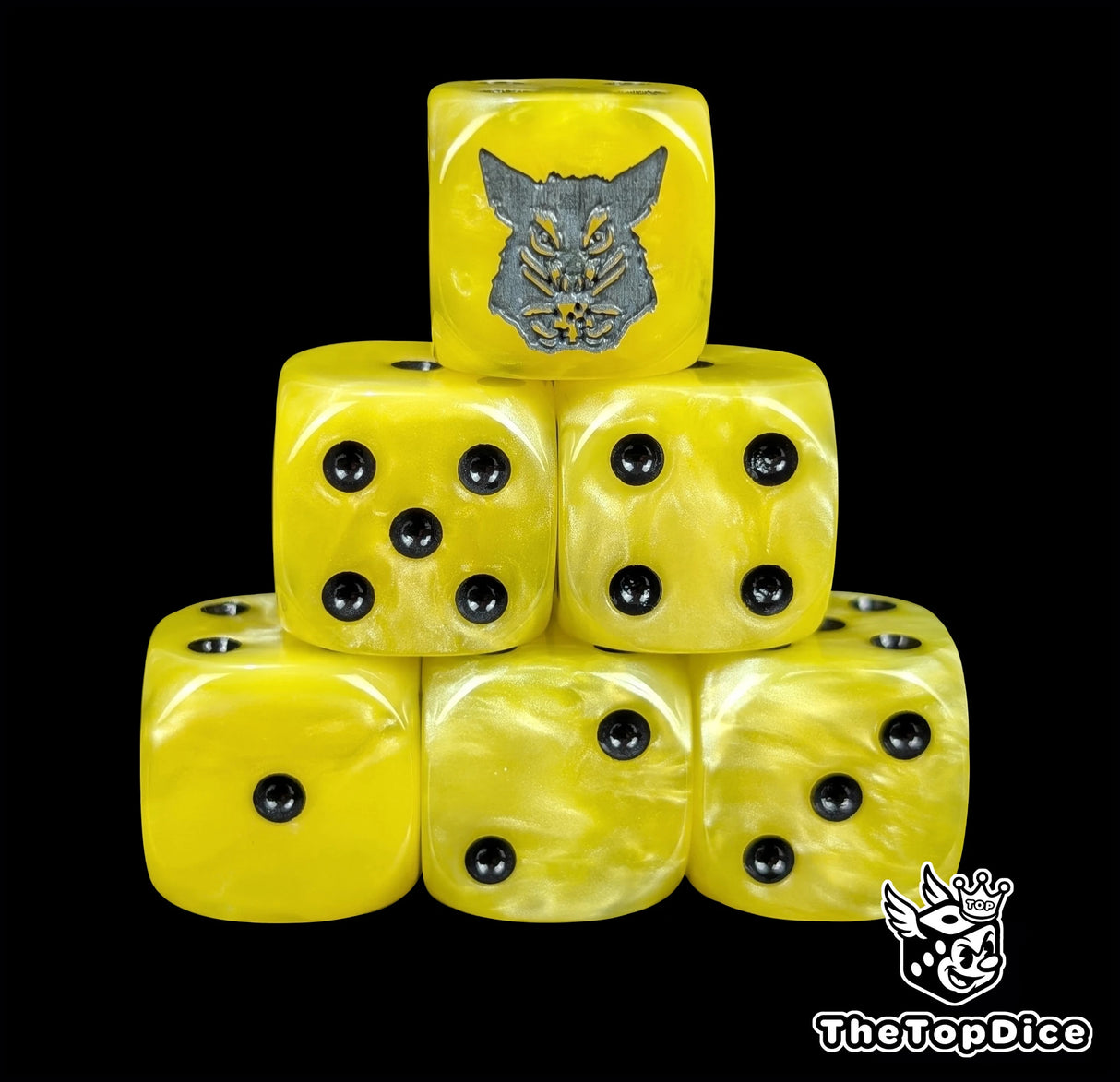 Yellow resin D6 dice with a grey rat emblem and black pips
