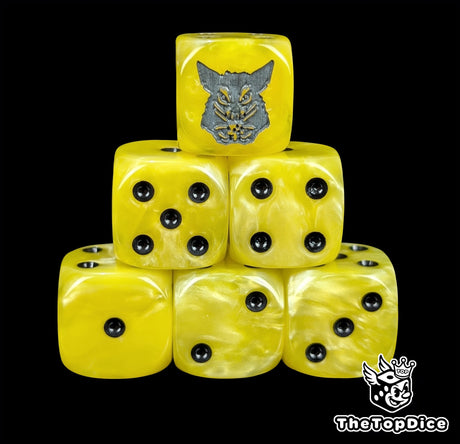Yellow resin D6 dice with a grey rat emblem and black pips