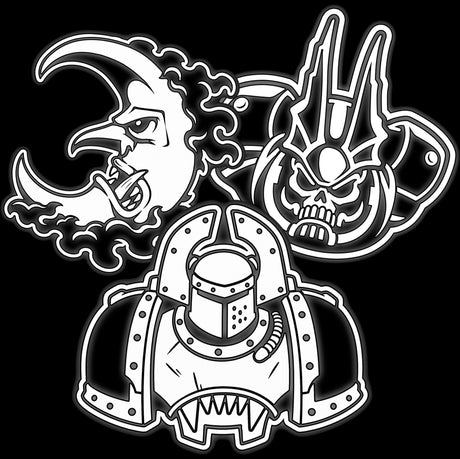Black and white emblems of a screaming moon, horned skull and armoured warrior for grimdark sci-fi 16mm dice