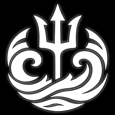 Trident rising from curling waves in white on black, tile for sea elf fantasy 16mm dice